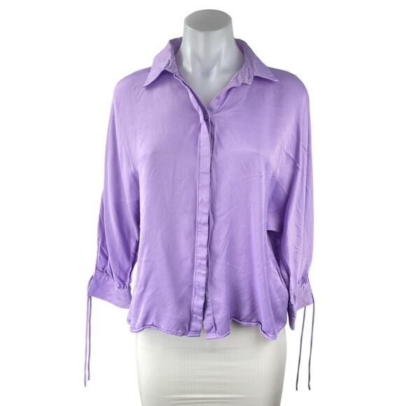 Zara Tops - Zara Women's Purple Collared 3/4 Tie Sleeve Button Down Crop Blouse Shirt Top S